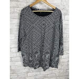 Lucky Brand Knit Boho Paisley 3/4 Sleeve Top Size 2x‎ Black White Artsy